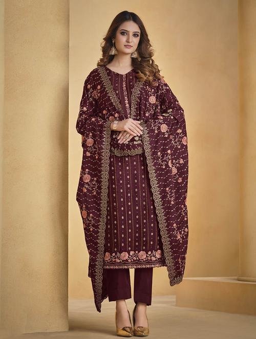 burgundy colored unstiched dress - 20226806 - Very Small Image - 1