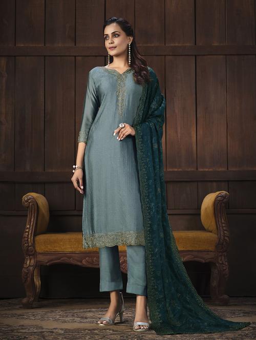 ai aqua colored unstiched dress - 20226813 - Very Small Image - 1