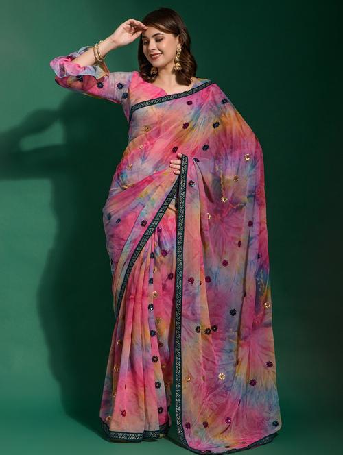lace bordered sequined tie & dye saree - 20228454 - Very Small Image - 1