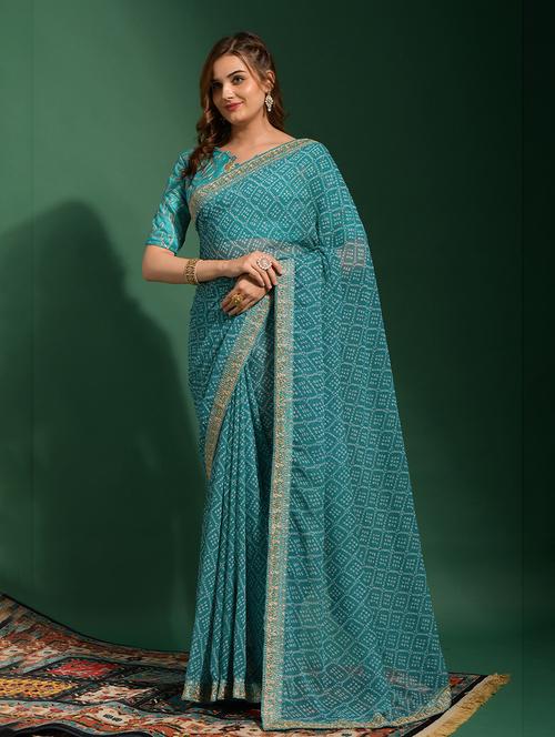 bandhani printed & embroidery work in lace georgette chiffon saree with blouse - 20228456 - Very Small Image - 1