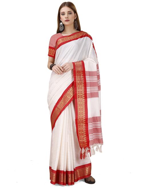 checkered zari work contrast border saree with blouse - 20231515 - Very Small Image - 1