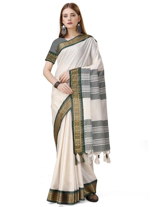 off-white checkered assam silk saree with blouse - 20231516 - Very Small Image - 1