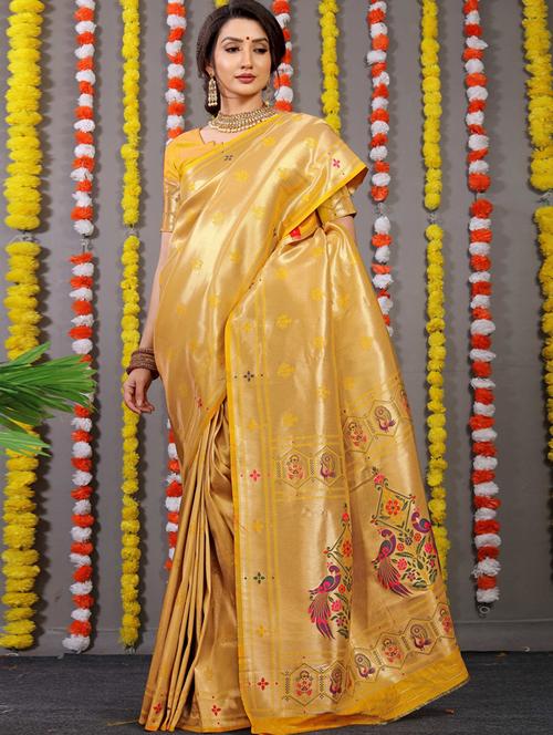 zari work yellow paithani saree with blouse - 20231732 - Very Small Image - 1