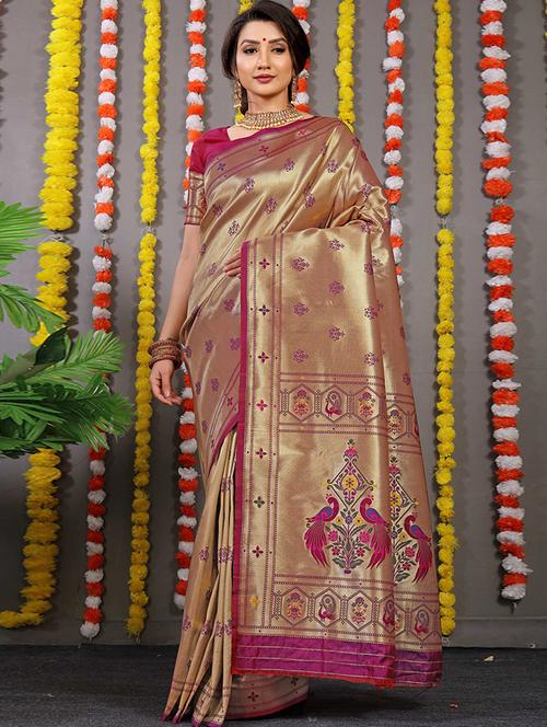 gold silk kanjivaram saree with blouse - 20231768 - Very Small Image - 1