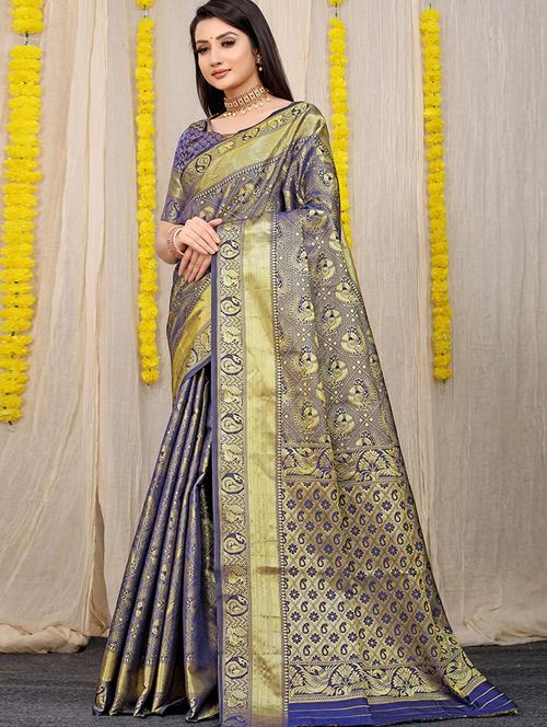 women's self design navy blue colored saree with blouse - 20231845 - Very Small Image - 1