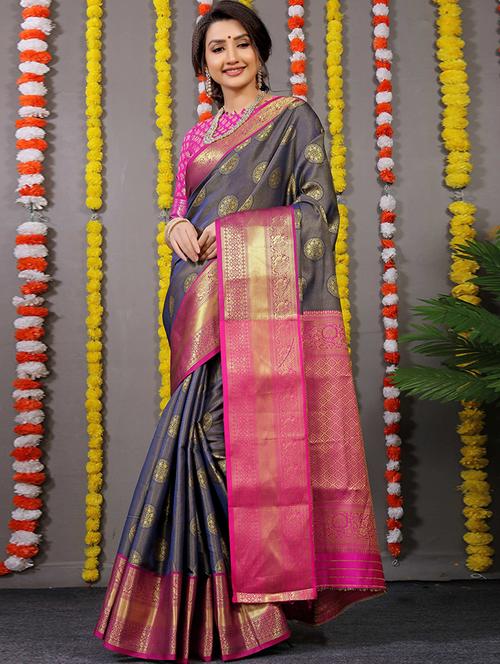 zari work grey paithani saree with blouse - 20232055 - Very Small Image - 1