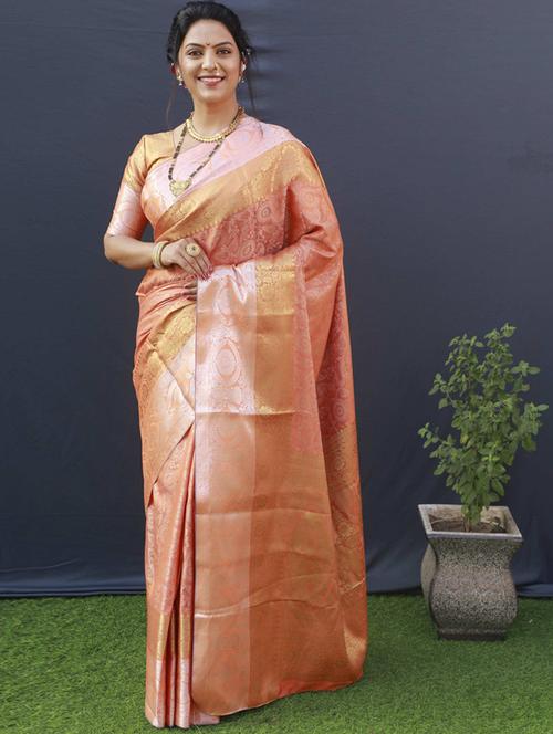 zari work peach paithani saree with blouse - 20232056 - Very Small Image - 1