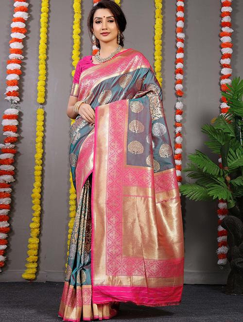 zari work turquoise paithani saree with blouse - 20232173 - Very Small Image - 1