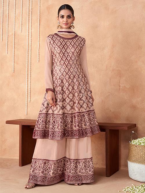 peach colored unstiched dress - 20235963 - Very Small Image - 1