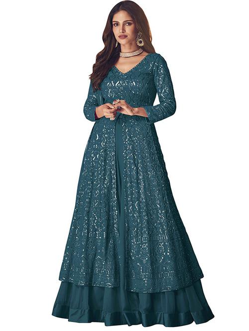 teal colored unstiched dress - 20236187 - Very Small Image - 1