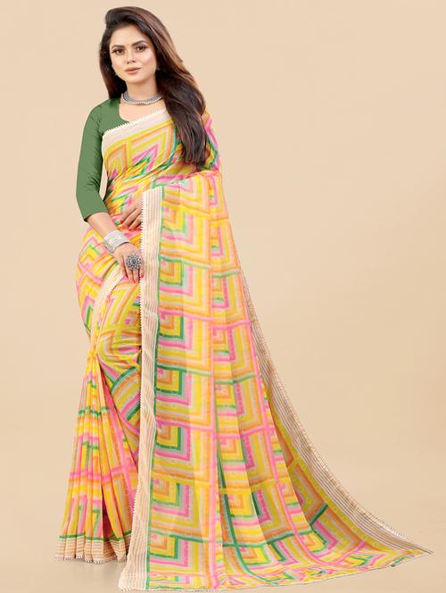 yellow geometric printed saree with blouse - 20236565 - Very Small Image - 1