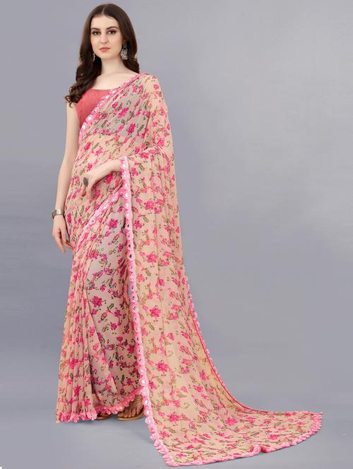 pink floral printed georgette saree with blouse - 20236575 - Very Small Image - 1