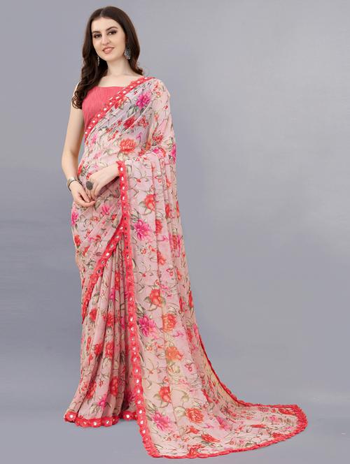 pink floral printed saree - 20236742 - Very Small Image - 1