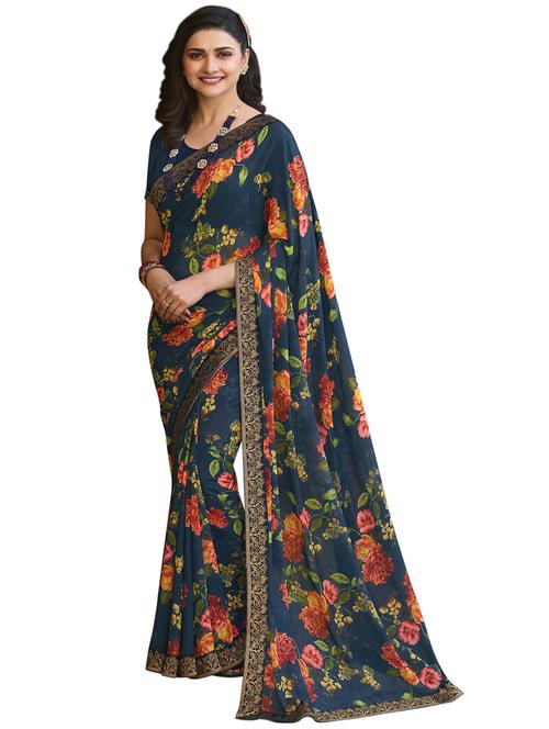 dark blue floral printed georgette saree with blouse - 20236754 - Very Small Image - 1