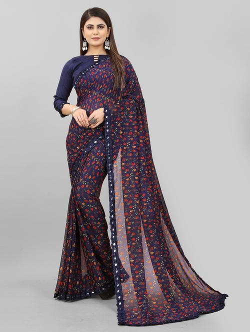 blue floral printed georgette saree with blouse - 20238147 - Very Small Image - 1