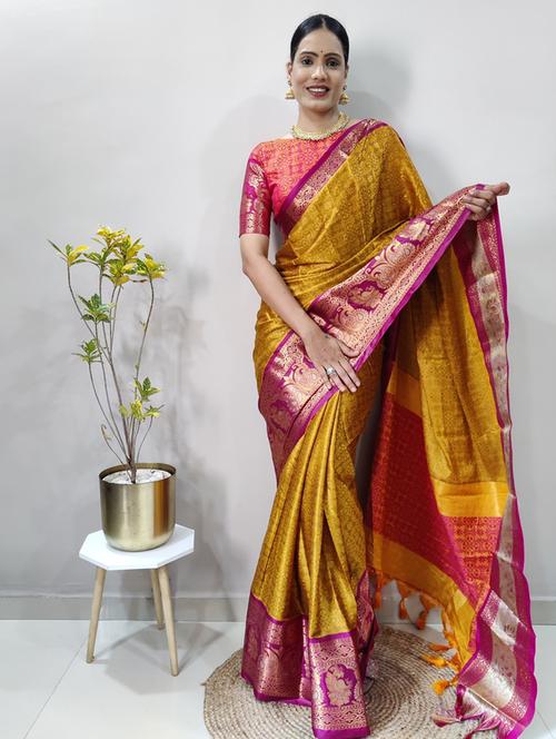 women mustard dharamvaram saree with blouse - 20239200 - Very Small Image - 1