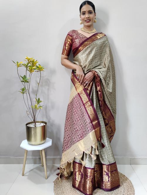 gold bordered dharmavaram saree with blouse - 20239204 - Very Small Image - 1