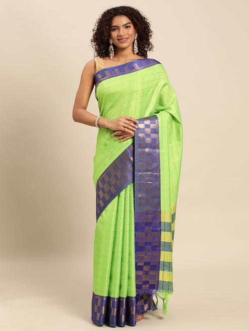 checkered zari work contrast border saree with blouse - 20239261 - Very Small Image - 1