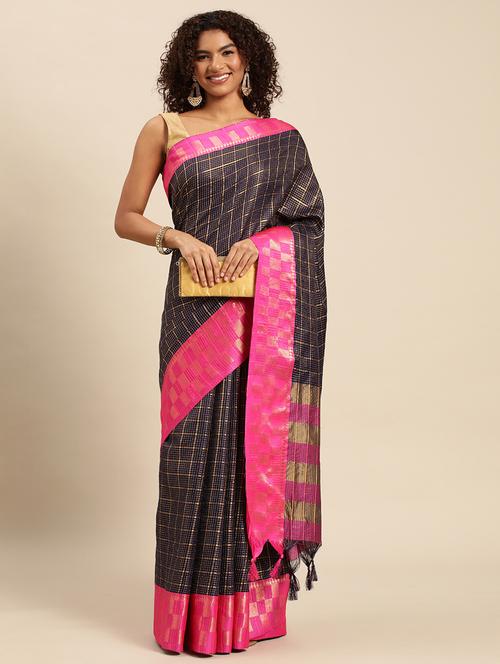 checkered zari work contrast border saree - 20239262 - Very Small Image - 1