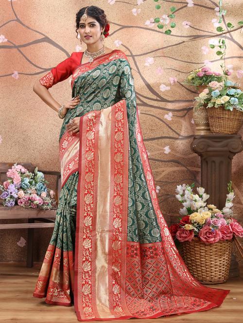 dark green self design kanjivaram saree with blouse - 20239554 - Very Small Image - 1