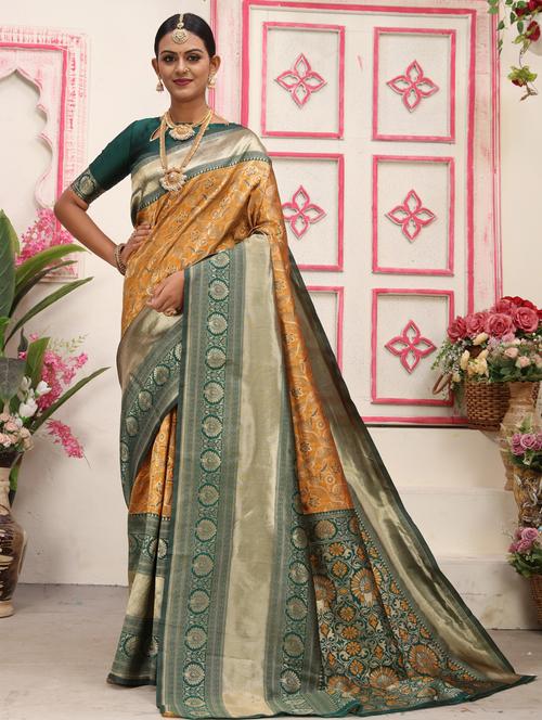 gold art silk banarasi saree with blouse - 20239589 - Very Small Image - 1