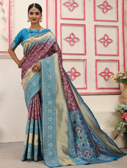 self design banarasi saree with contrast border with blouse - 20239590 - Very Small Image - 1