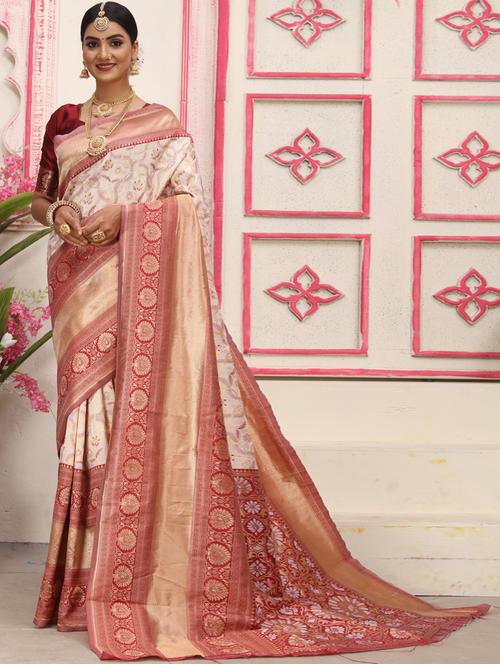 cream self design banarasi saree with blouse - 20239593 - Very Small Image - 1