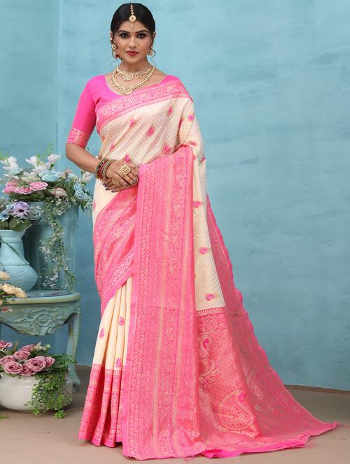 cream self design kanjivaram saree with blouse - 20239612 - Very Small Image - 1