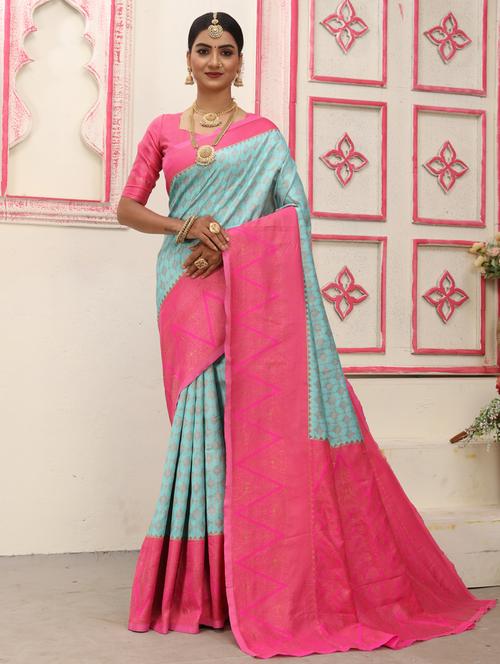 light bliue banarasi saree with blouse - 20240039 - Very Small Image - 1