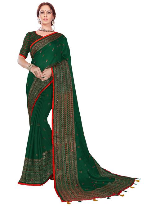 bottle green colored embroidered saree with blouse - 20240479 - Very Small Image - 1