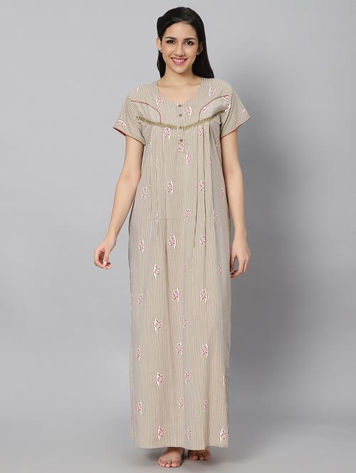 beige printed short sleeves nighty with pocket - 20243065 - Very Small Image - 1