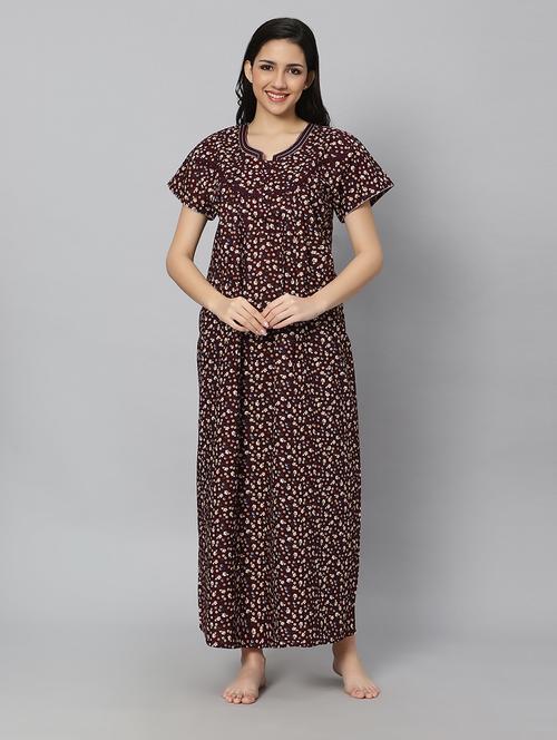 maroon floral print short sleeves nighty with pocket - 20243079 - Very Small Image - 1