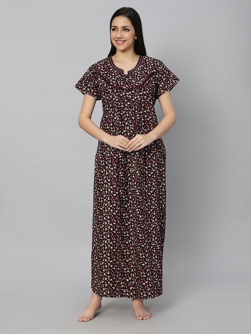brown floral print short sleeves nighty with pocket - 20243081 - Very Small Image - 1