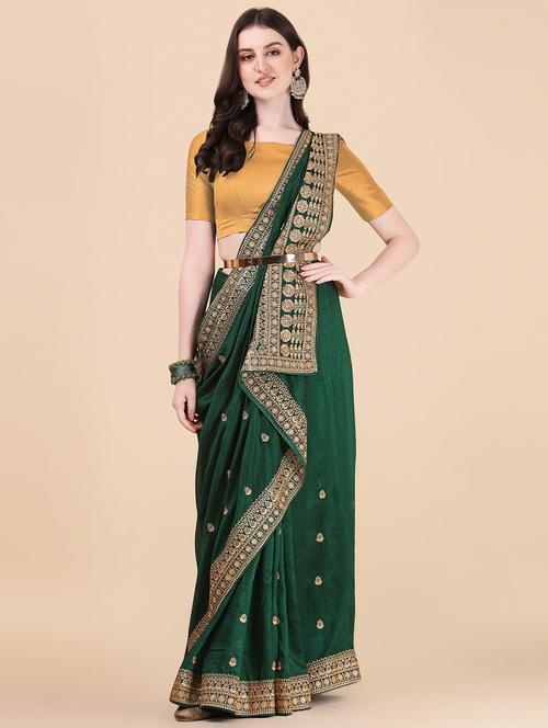 bottle green colored embroidered saree with blouse - 20243286 - Very Small Image - 1