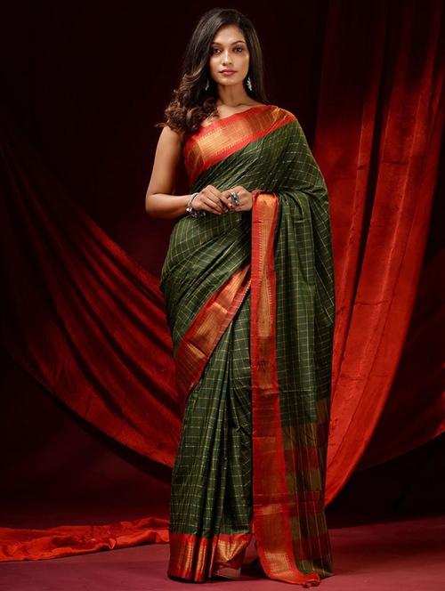 checkered zari border saree with blouse - 20243321 - Very Small Image - 1