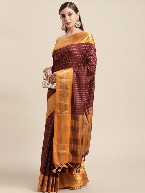 women maroon checkered saree with blouse - 20243323 - Very Small Image - 1