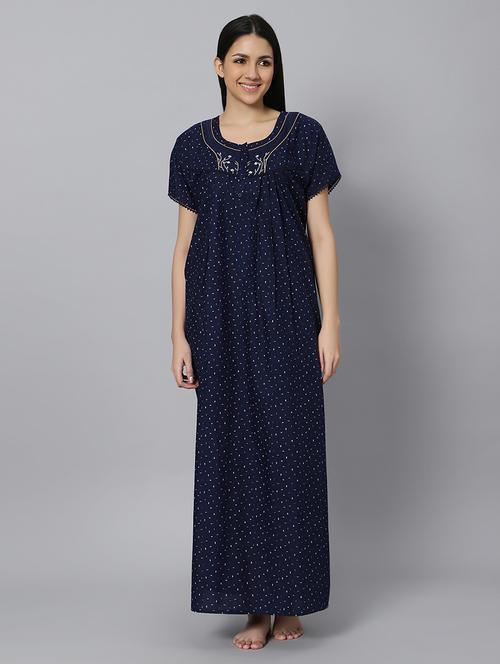 navy blue printed short sleeves nighty with pocket - 20243421 - Very Small Image - 1