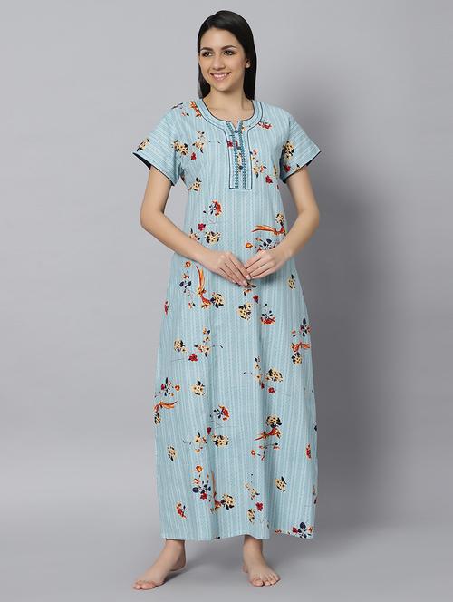 light blue floral print short sleeves nighty with pocket - 20243449 - Very Small Image - 1