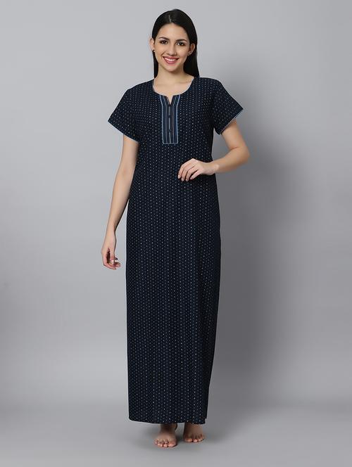 navy blue printed short sleeves nighty - 20243455 - Very Small Image - 1