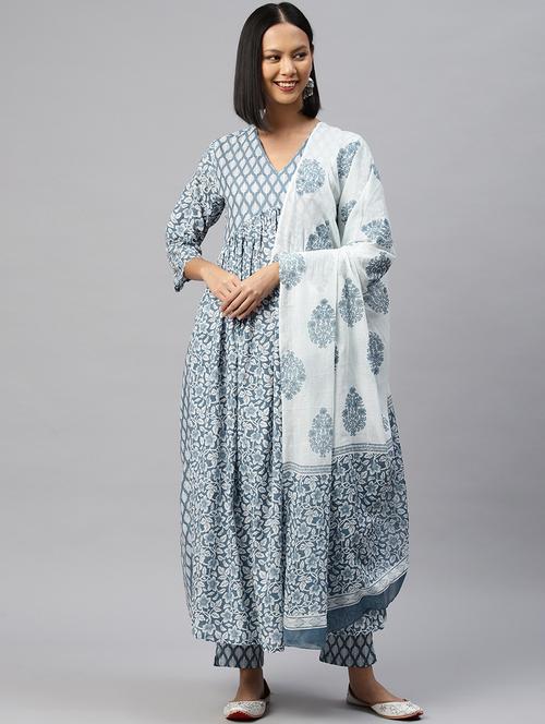 grey block print anrkali kurta pant set - 20244956 - Very Small Image - 1