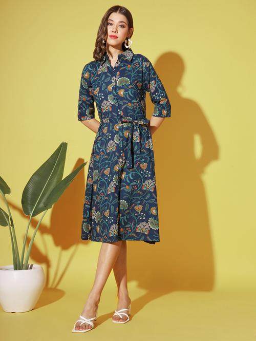 women blue floral printed collared shirt dress - 20245350 - Very Small Image - 1