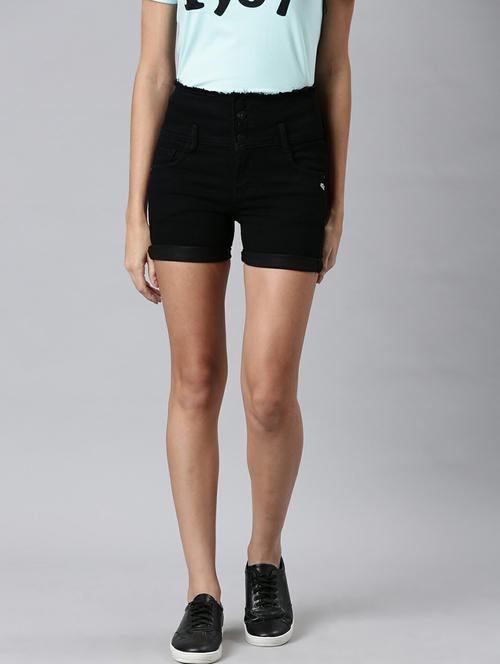 black solid mini denim shorts - 20249283 - Very Small Image - 1