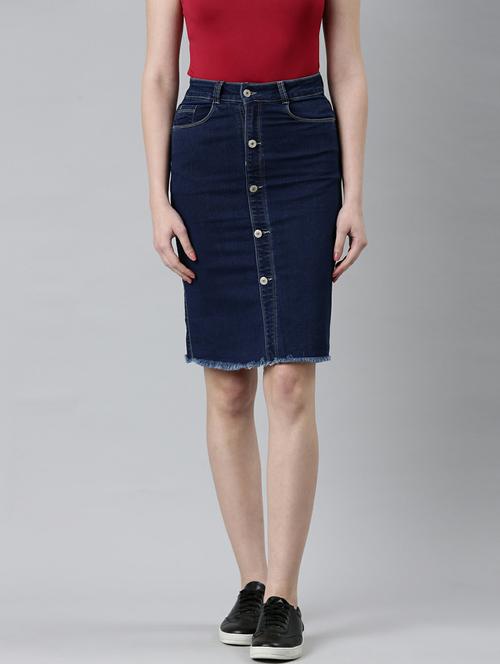 navy blue solid denim pencil skirt - 20249434 - Very Small Image - 1