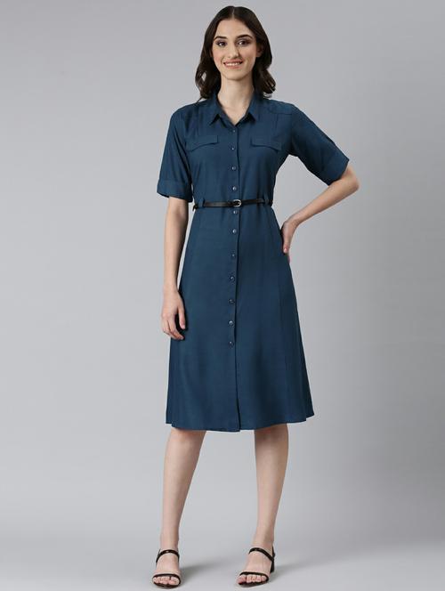 teal solid short sleeves a-line dress - 20249518 - Very Small Image - 1
