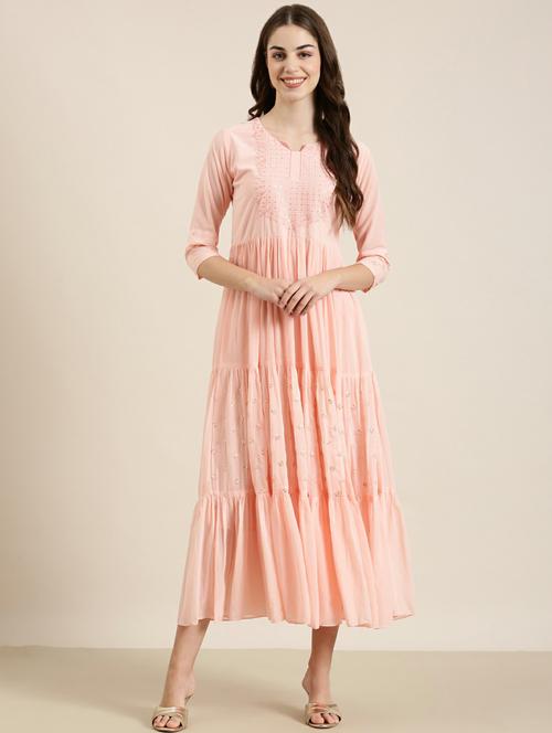peach solid with work tiered ethnic dress - 20249796 - Very Small Image - 1