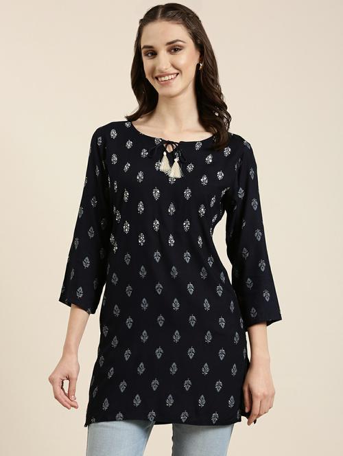 navy blue floral printed straight kurti - 20251138 - Very Small Image - 1