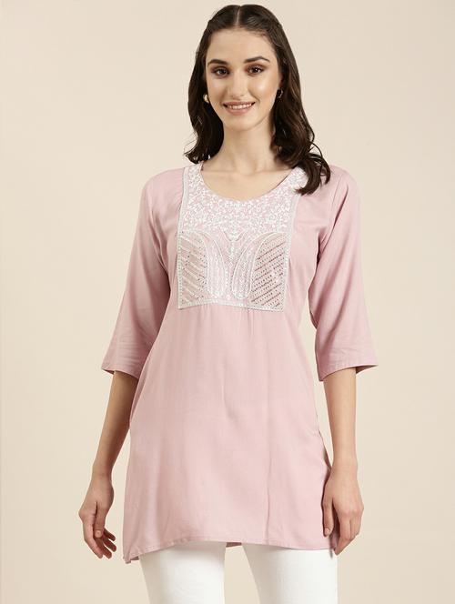 women's round neck solid pink straight kurti - 20251140 - Very Small Image - 1