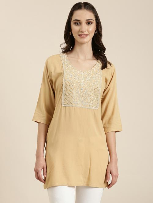 women's round neck solid beige straight kurti - 20251142 - Very Small Image - 1