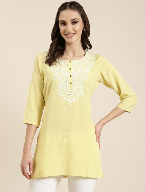 yellow round neck straight kurti - 20251154 - Very Small Image - 1