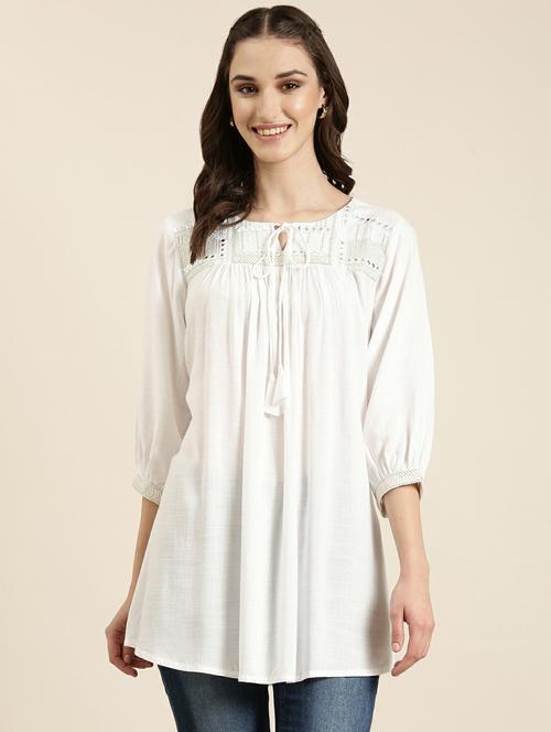 white solid round neck a-line kurti - 20251160 - Very Small Image - 1